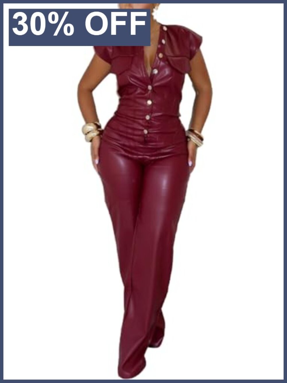 Faux Leather Sleeveless Button Top Bodycon Jumpsuit Cargo Pants Romper Clubwear